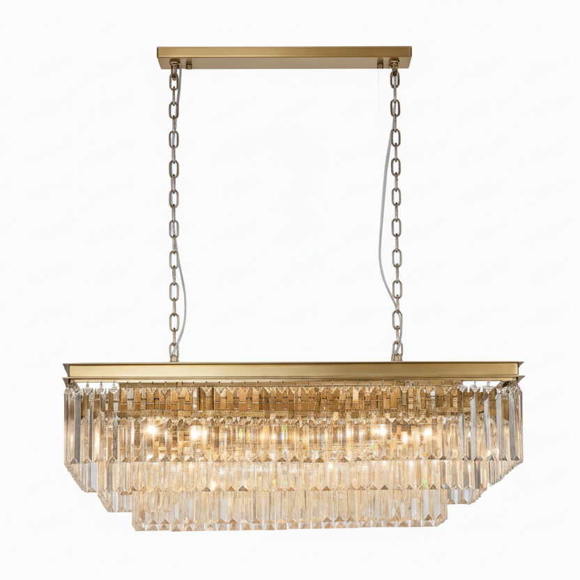 MARF Rectangle 3-Tier Crystal Chandelier 15 Light (Brass)